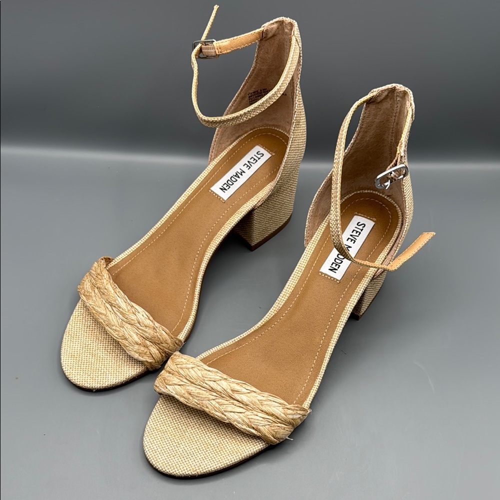 Steve Madden Tan Braided Ankle-Strap Block Heel Sandals